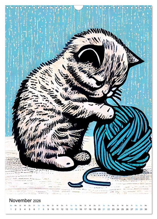 Produktbild: Katzen Linolschnitt - Der Kalender mit kunstvollen Portr&auml;ts der Samtpfoten (Wandkalender 2026 DIN A3 hoch), CALVENDO Monatskalender