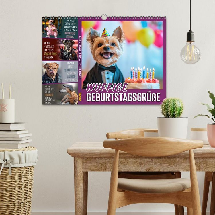 Produktbild: Wuffige Geburtstagsgr&uuml;&szlig;e SPR&Uuml;CHE ZUM &Auml;LTERWERDEN (Wandkalender 2026 DIN A3 quer), CALVENDO Monatskalender