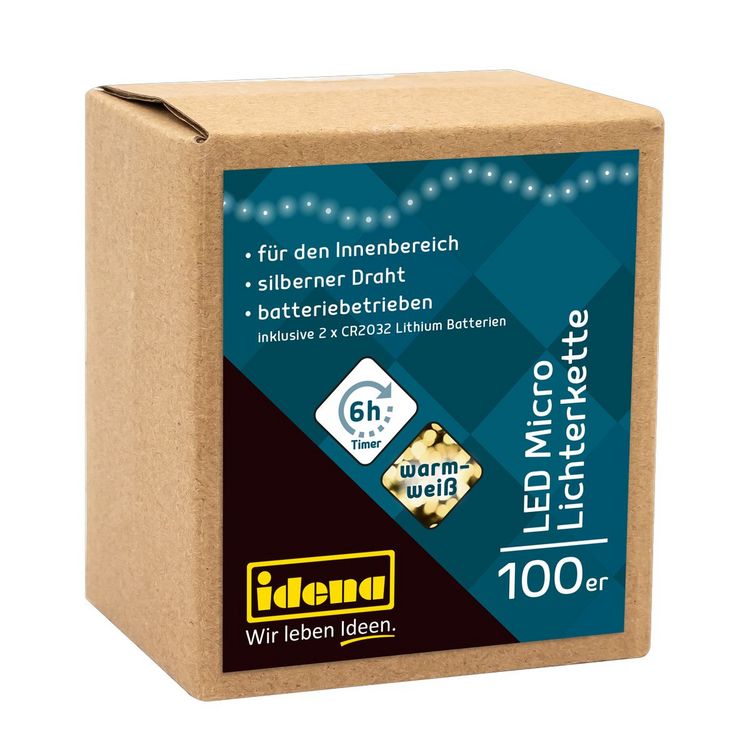 Produktbild: Idena Lichterkette 100 Micro LED warmwei&szlig; 6h Timer 10,2m