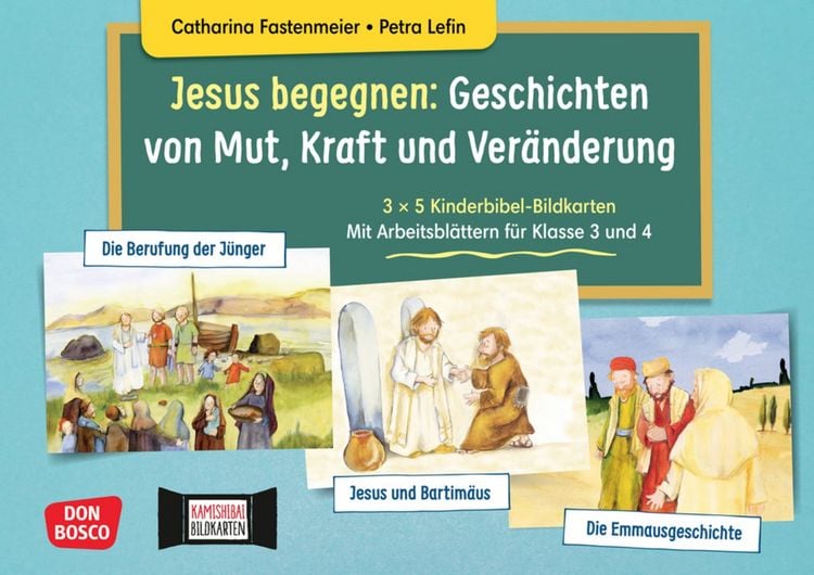 Produktbild: Jesus begegnen: Geschichten von Mut, Kraft und Ver&auml;nderung. 3 x 5 Kinderbibel-Bildkarten. Mit Arbeitsbl&auml;ttern f&uuml;r Klasse 3 und 4. Kamishibai Bildkartenset