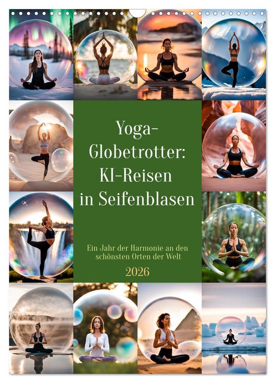 Produktbild: Yoga-Globetrotter: KI-Reisen in Seifenblasen. Ein Jahr der Harmonie an den sch&ouml;nsten Orten der Welt (Wandkalender 2026 DIN A3 hoch), CALVENDO Monatskalender