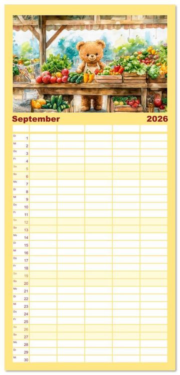 Produktbild: Familienplaner 2026 - Teddy auf dem Bauernhof - Entdecke das Landleben mit Tieren und Feldern mit 5 Spalten (Wandkalender, 21 x 45 cm) CALVENDO