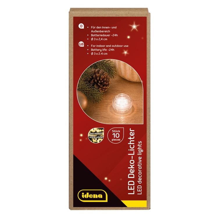Produktbild: Idena Deko Lichter 3 LED warmwei&szlig; wasserfest silber &Oslash;3x2,4cm 10 St&uuml;ck Teelichter batteriebetrieben