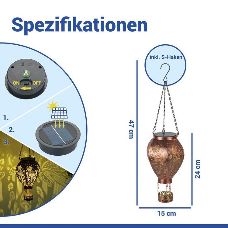 Produktbild: LED Solar-Hei&szlig;luftballon in Bronze-Optik, mit Pilzmuster-Lichtprojektion