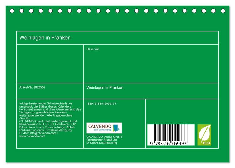 Produktbild: Weinlagen in Franken (Tischkalender 2026 DIN A5 quer), CALVENDO Monatskalender