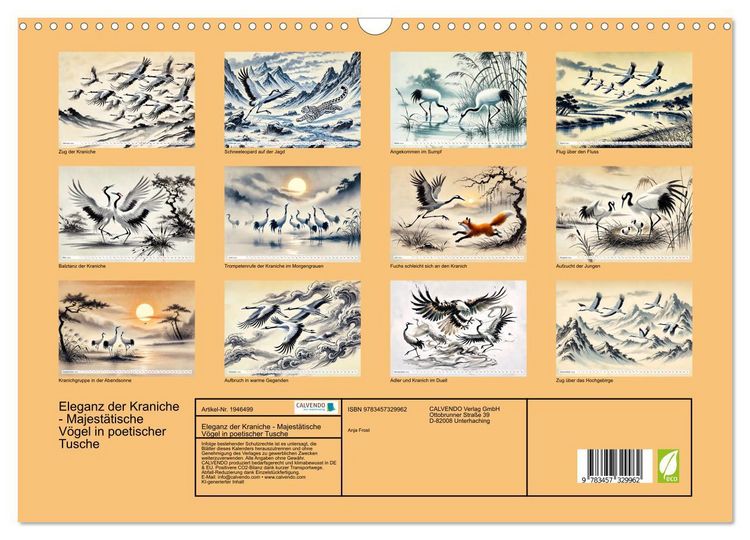 Produktbild: Eleganz der Kraniche - Majest&auml;tische V&ouml;gel in poetischer Tusche (Wandkalender 2026 DIN A3 quer), CALVENDO Monatskalender