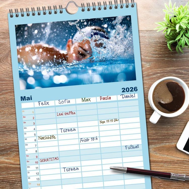 Produktbild: Familienplaner 2026 - Schwimmen - Bahn f&uuml;r Bahn mit 5 Spalten (Wandkalender, 21 x 45 cm) CALVENDO