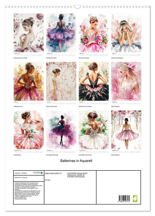 Produktbild: Ballerinas in Aquarell (Wandkalender 2026 DIN A2 hoch), CALVENDO Monatskalender
