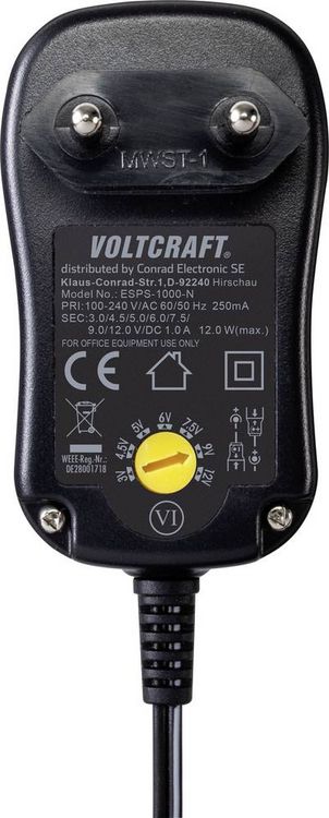 Produktbild: VOLTCRAFT VC-11320925 Steckernetzteil, einstellbar 3 V/DC, 4.5 V, 5 V/DC, 6 V/DC, 7.5 V/DC, 9 V/DC, 12 V/DC 1 A 12 W