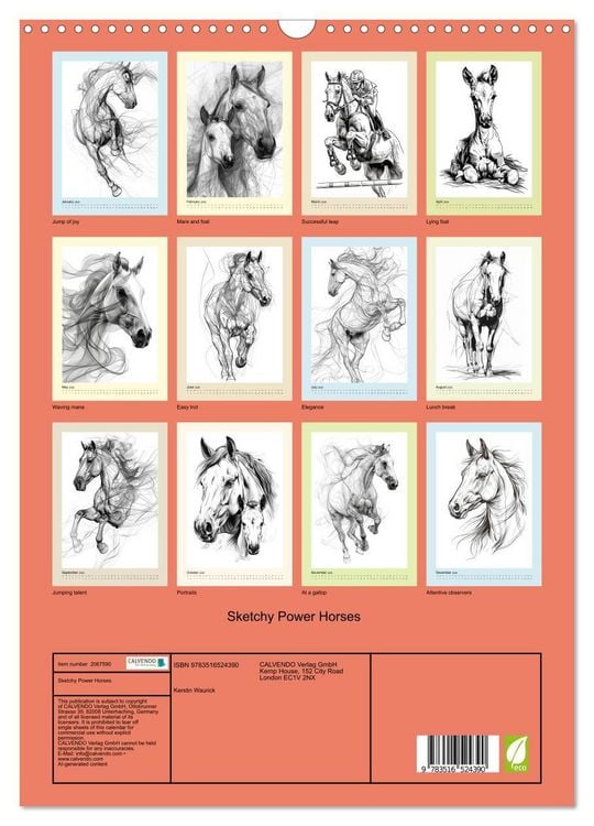 Produktbild: Sketchy Power Horses (Wall Calendar 2026 DIN A3 portrait), CALVENDO 12 Month Wall Calendar