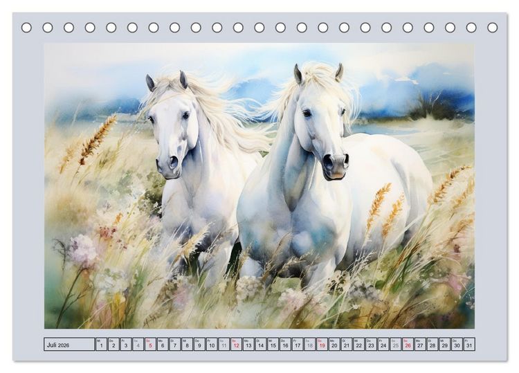 Produktbild: Anmutige Schimmel. &Auml;sthetik wei&szlig;er Aquarell-Pferde (Tischkalender 2026 DIN A5 quer), CALVENDO Monatskalender