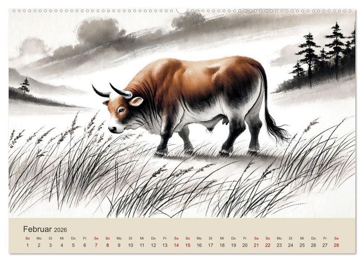 Produktbild: Chinesische Tierkreiszeichen - Kunstvolle KI-Tuschemalerei des Ostens (Wandkalender 2026 DIN A2 quer), CALVENDO Monatskalender