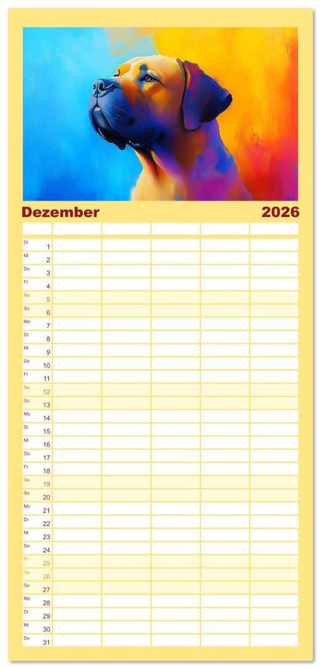 Produktbild: Familienplaner 2026 - Kraftvolle Partner. Hunde in k&uuml;nstlerischer &Ouml;loptik mit 5 Spalten (Wandkalender, 21 x 45 cm) CALVENDO
