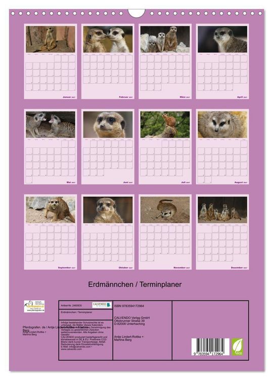 Produktbild: Erdm&auml;nnchen / Terminplaner (Wandkalender 2027 DIN A3 hoch), CALVENDO Monatskalender