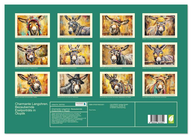 Produktbild: Charmante Langohren. Bezaubernde Eselportr&auml;ts in &Ouml;loptik (Wandkalender 2026 DIN A3 quer), CALVENDO Monatskalender