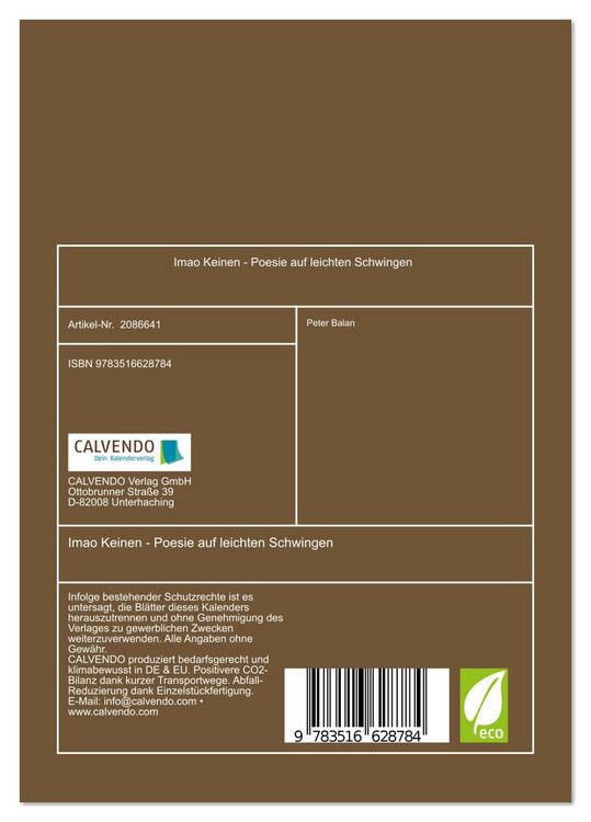 Produktbild: Imao Keinen - Poesie auf leichten Schwingen (Tischkalender 2026 DIN A5 hoch), CALVENDO Monatskalender