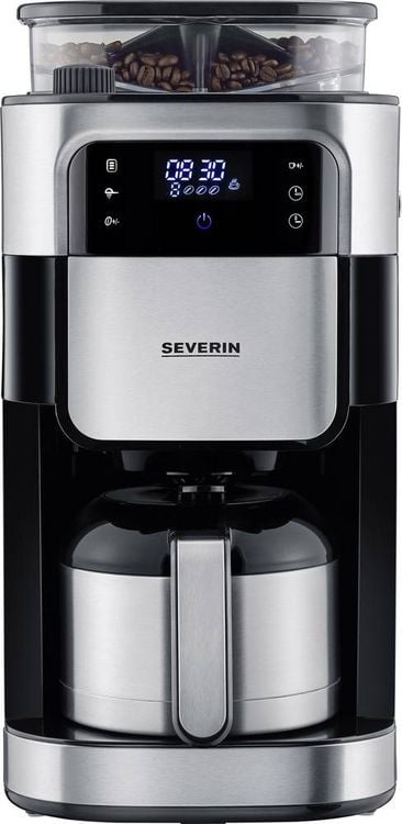 Produktbild: Severin Filterkaffeemaschine mit Mahlwerk und Edelstahl-Thermokanne, Kaffeemaschine Schwarz, Edelstahl (geb&uuml;rstet) Fassungsverm&ouml;gen Tassen=8 Displa
