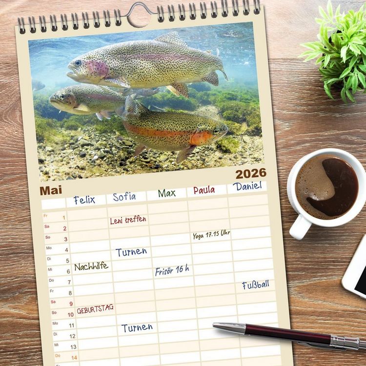 Produktbild: Familienplaner 2026 - Forelle, Hecht und St&ouml;r: Fische in europ&auml;ischen Gew&auml;ssern mit 5 Spalten (Wandkalender, 21 x 45 cm) CALVENDO