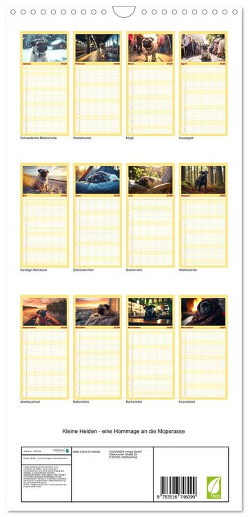Produktbild: Familienplaner 2026 - Kleine Helden - eine Hommage an die Mopsrasse mit 5 Spalten (Wandkalender, 21 x 45 cm) CALVENDO