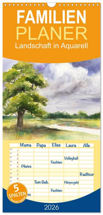 Produktbild: Familienplaner 2026 - Landschaft in Aquarell mit 5 Spalten (Wandkalender, 21 x 45 cm) CALVENDO