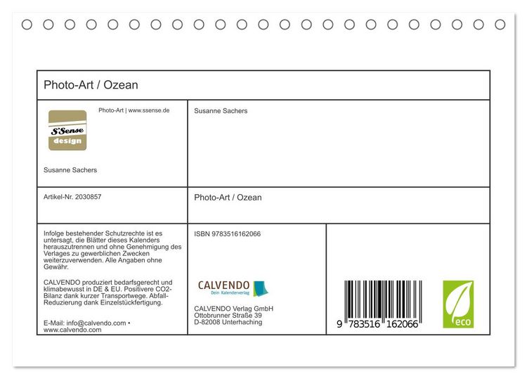 Produktbild: Photo-Art / Ozean (Tischkalender 2026 DIN A5 quer), CALVENDO Monatskalender