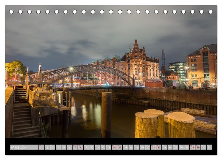 Produktbild: Hamburgs Br&uuml;cken bei Nacht (Tischkalender 2026 DIN A5 quer), CALVENDO Monatskalender