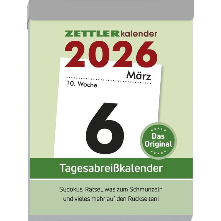 Produktbild: Tagesabreißkalender XL 2026 - 8,2x10,7 cm - 1 Tag auf 1 Seite - mit Sudokus, Rezepten, Rätseln uvm. auf den Rückseiten - Bürokalender 305-0000