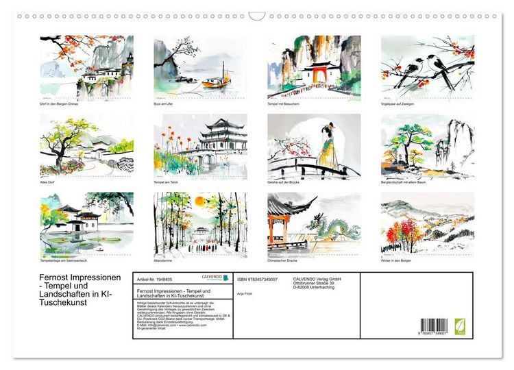 Produktbild: Fernost Impressionen - Tempel und Landschaften in KI-Tuschekunst (Wandkalender 2026 DIN A2 quer), CALVENDO Monatskalender