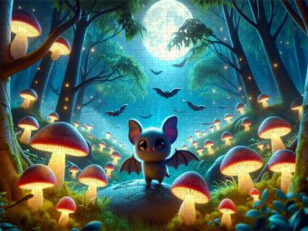 Produktbild: CALVENDO Puzzle Kleine Vampirflederm&auml;use erkunden einen leuchtenden Pilzwald | 1000 Teile Lege-Gr&ouml;&szlig;e 64x48cm Foto-Puzzle f&uuml;r gl&uuml;ckliche Stunden