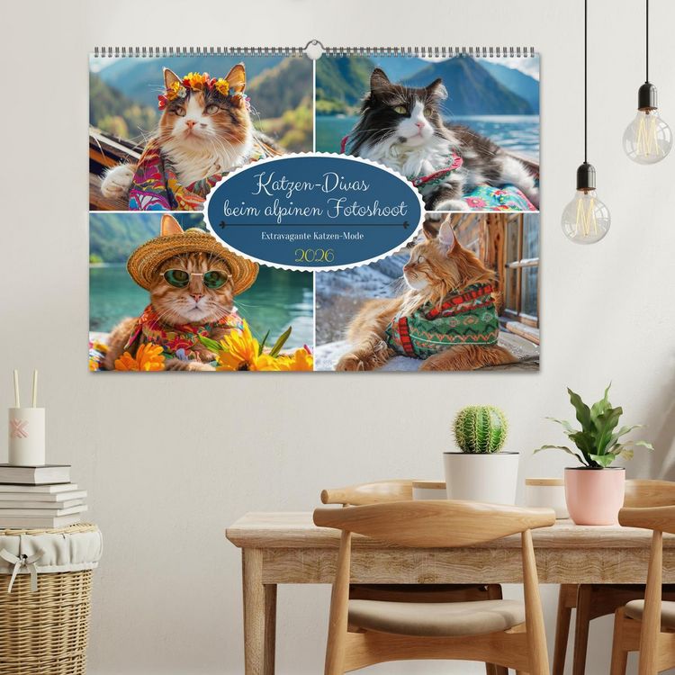 Produktbild: Katzen-Divas beim alpinen Fotoshoot. Extravagante Katzenmode (Wandkalender 2026 DIN A2 quer), CALVENDO Monatskalender