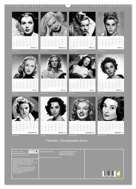 Produktbild: Filmstars. Unvergessene Diven (Wandkalender 2026 DIN A2 hoch), CALVENDO Monatskalender