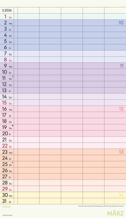 Produktbild: Superplaner Farbenfroh 2026 - 5 Spalten - Familienkalender 26x45 cm - Offset-Papier - mit Ferienterminen - Wandkalender - Wandplaner