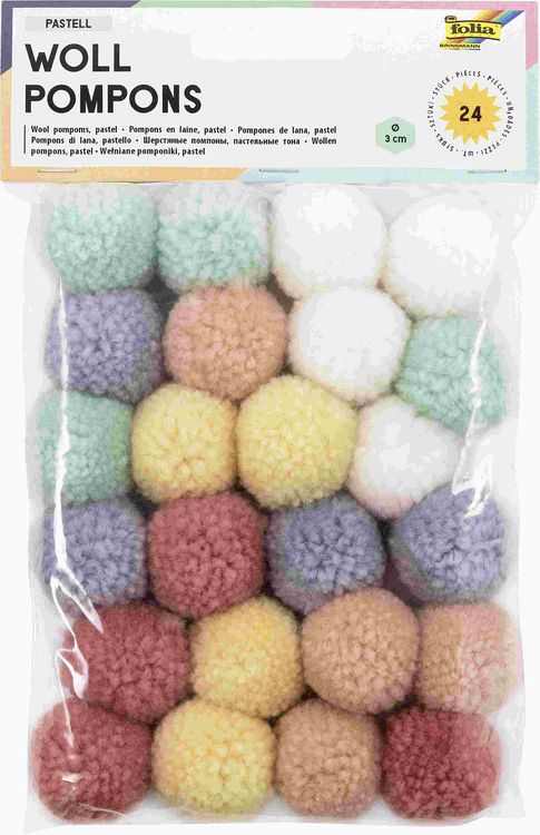 Produktbild: Folia  Woll-Pompons PASTELL, 24 St&uuml;ck in 6 Farben sortiert