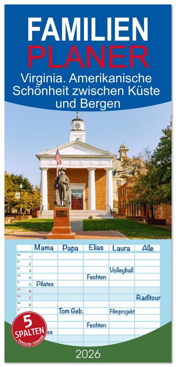 Produktbild: Familienplaner 2026 - Virginia. Amerikanische Sch&ouml;nheit zwischen K&uuml;ste und Bergen mit 5 Spalten (Wandkalender, 21 x 45 cm) CALVENDO