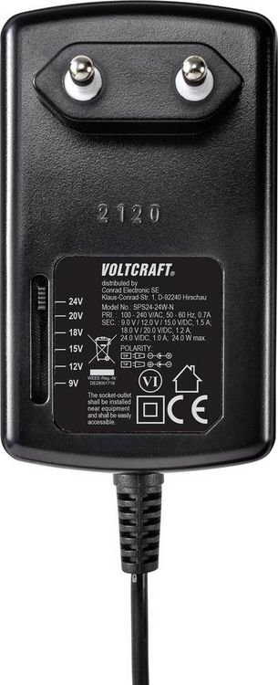 Produktbild: VOLTCRAFT VC-11335620 Steckernetzteil, einstellbar 9 V/DC, 12 V/DC, 15 V/DC, 18 V/DC, 20 V/DC, 24 V/DC 1.5 A 24 W Ausgangsspannung regelbar