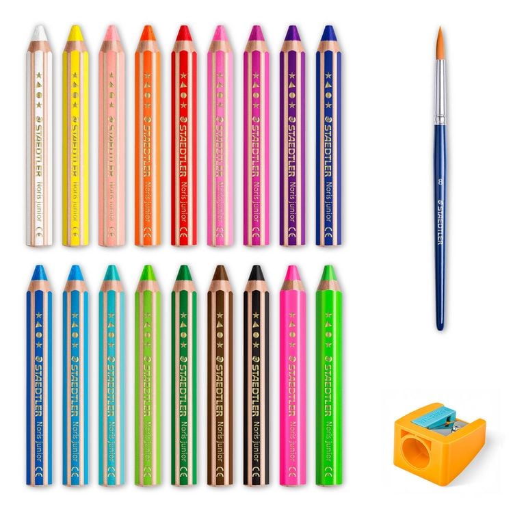 Produktbild: STAEDTLER Noris junior 140 Kindermalstift 3 in 1, Kartonetui mit 18 Malstiften in sortierten Farben, 1 Spitzer und 1 Pinsel, 140 C18