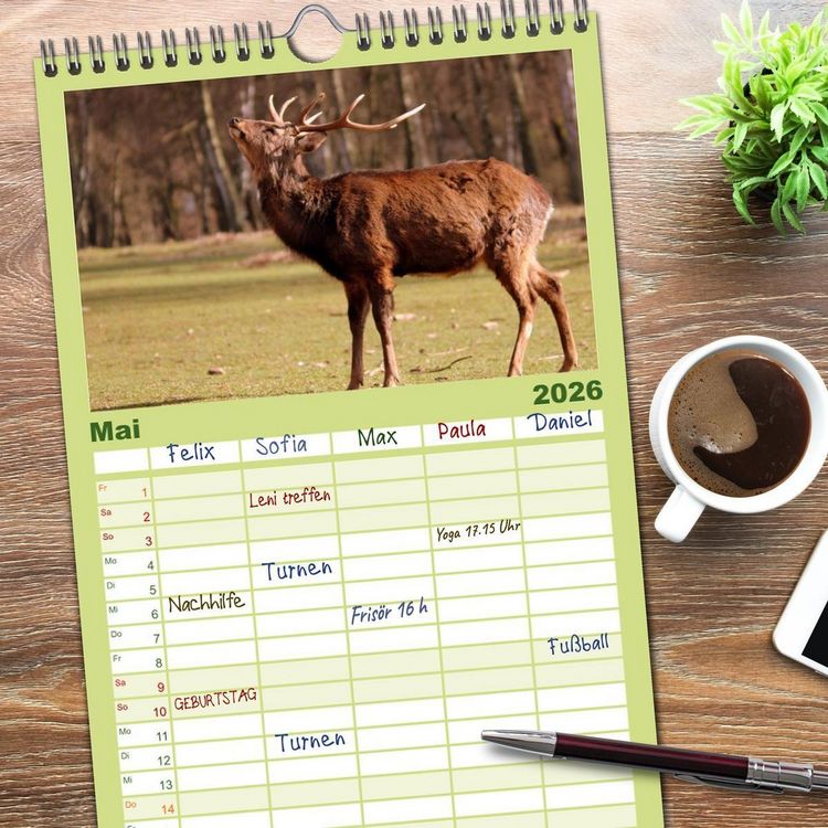 Produktbild: Familienplaner 2026 - Hirsche - K&ouml;nige des Waldes mit 5 Spalten (Wandkalender, 21 x 45 cm) CALVENDO