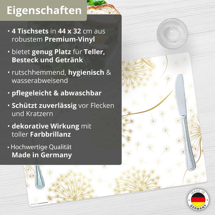 Produktbild: Tischsetmacher Tischsets Goldene Pusteblume, aus hochwertigem Vinyl (4 St&uuml;ck), 44 x 32 cm