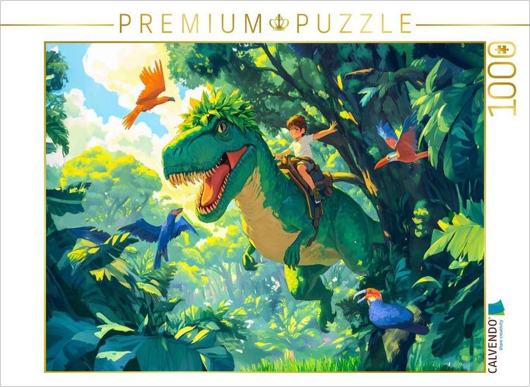 Produktbild: CALVENDO Puzzle Junge reitet auf T-Rex Dinosaurier durch den Dschungel | 1000 Teile Lege-Gr&ouml;&szlig;e 64x48cm Foto-Puzzle f&uuml;r gl&uuml;ckliche Stunden