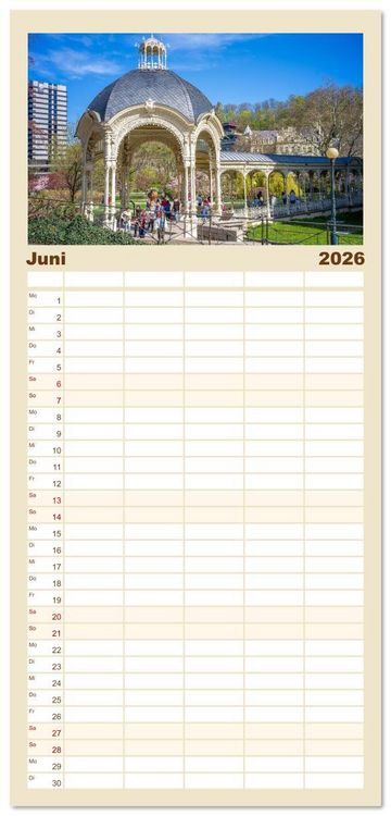 Produktbild: Familienplaner 2026 - Karlsbad / Karlovy Vary - Kleinod im Westb&ouml;hmischen B&auml;derdreieck mit 5 Spalten (Wandkalender, 21 x 45 cm) CALVENDO