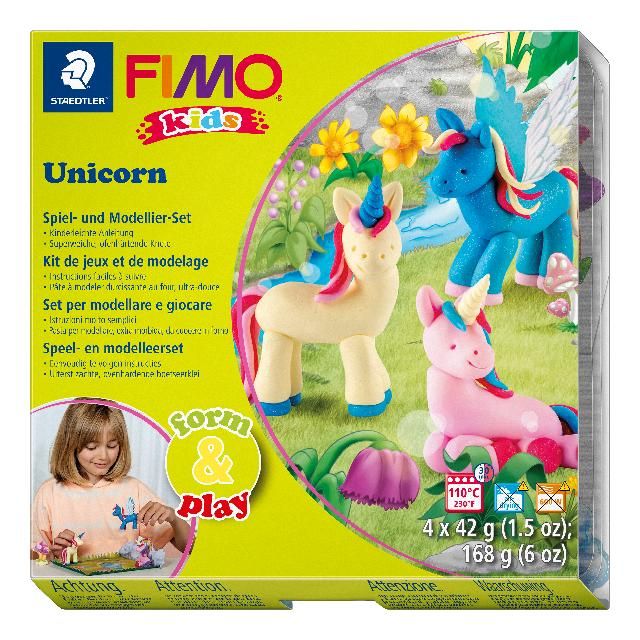 Produktbild: STAEDTLER FIMO kids 8034, ofenh&auml;rtende Modelliermasse, Set Unicorn mit 4 Bl&ouml;cken 42 g, Modellierstab