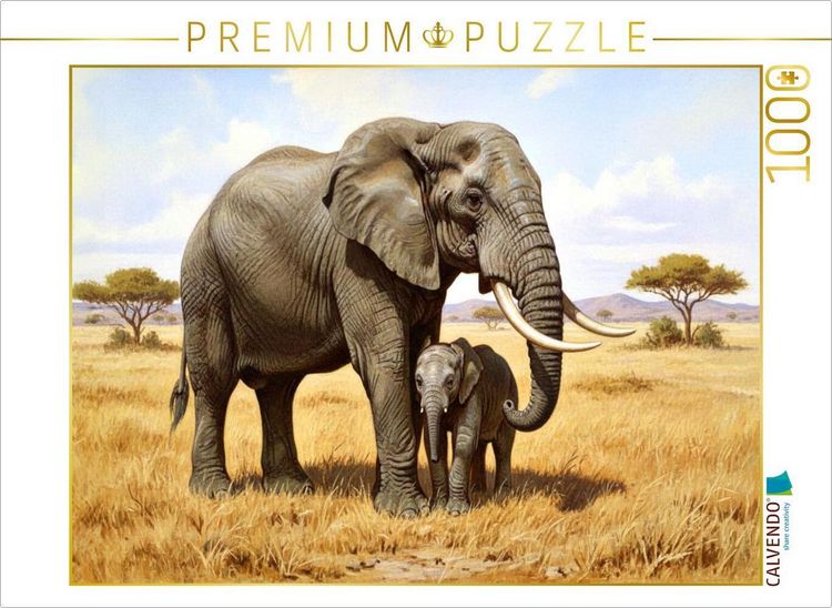 Produktbild: CALVENDO Puzzle Elefant mit Jungtier als Gem&auml;lde | 1000 Teile Lege-Gr&ouml;&szlig;e 64x48cm Foto-Puzzle f&uuml;r gl&uuml;ckliche Stunden