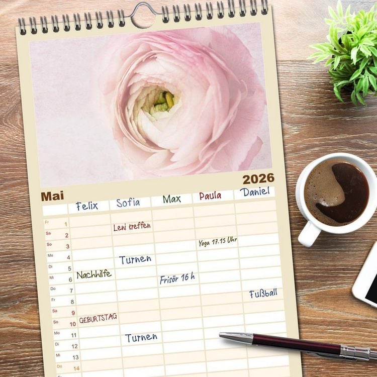 Produktbild: Familienplaner 2026 - Momente in Rosa mit 5 Spalten (Wandkalender, 21 x 45 cm) CALVENDO