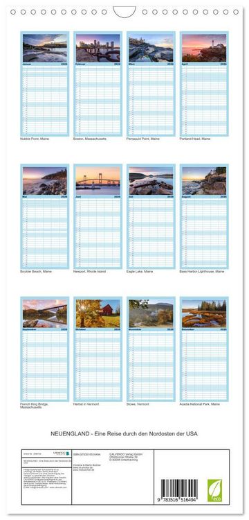 Produktbild: Familienplaner 2026 - NEUENGLAND - Eine Reise durch den Nordosten der USA mit 5 Spalten (Wandkalender, 21 x 45 cm) CALVENDO