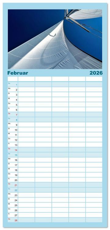 Produktbild: Familienplaner 2026 - Mit dem Wind um die Welt - segeln mit 5 Spalten (Wandkalender, 21 x 45 cm) CALVENDO