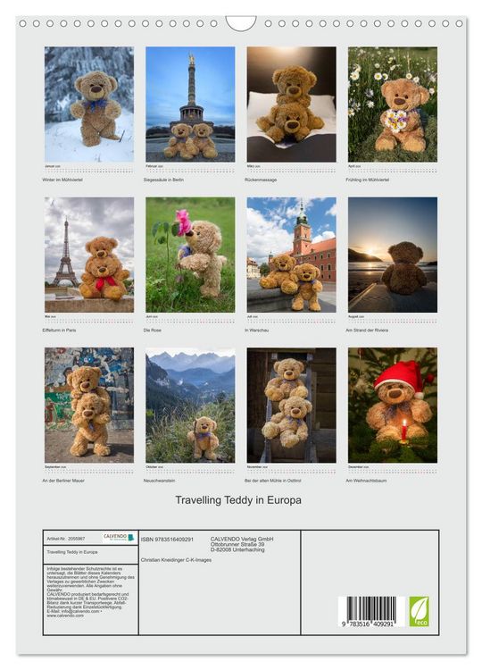 Produktbild: Travelling Teddy in Europa (Wandkalender 2026 DIN A3 hoch), CALVENDO Monatskalender