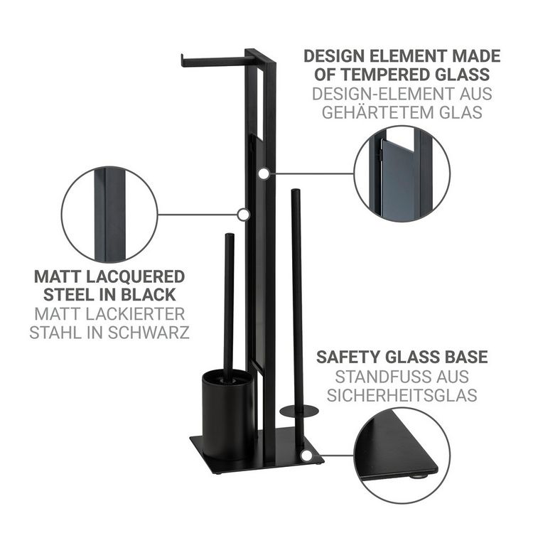 Produktbild: Stand WC-Garnitur Mod. Rivalta Schwarz mit Ersatzb&uuml;rste, integrierter Toilettenpapierhalter und