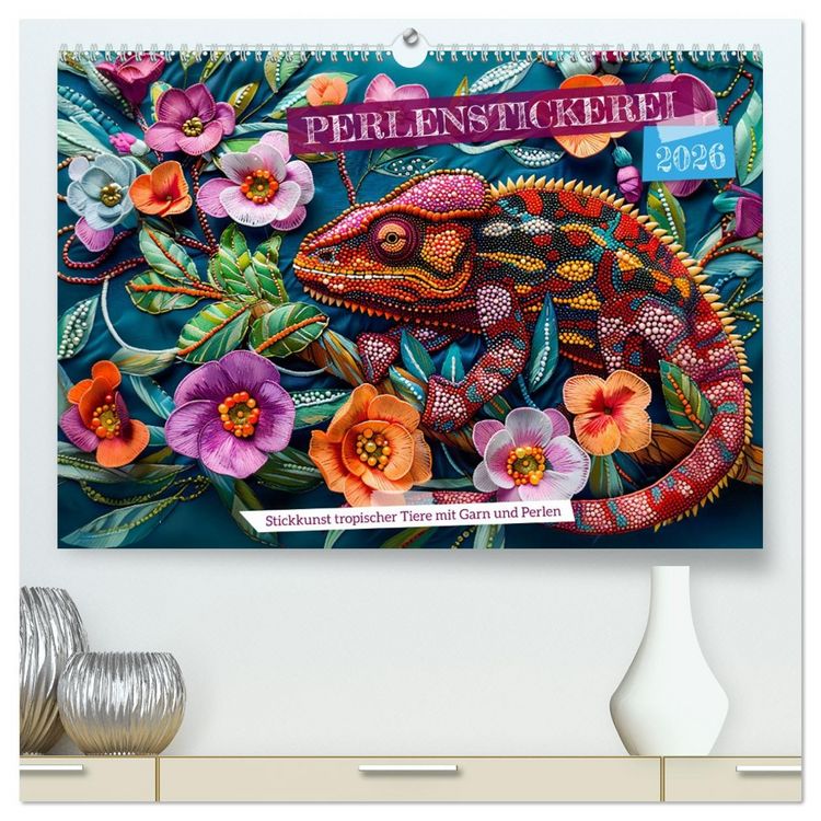 Produktbild: Perlenstickerei - Stickkunst tropischer Tiere mit Garn und Perlen (hochwertiger Premium Wandkalender 2026 DIN A2 quer), Kunstdruck in Hochglanz