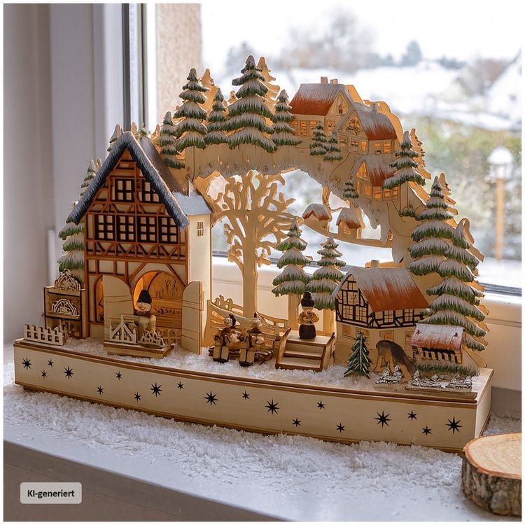 Produktbild: HTI-Living Traditioneller Schwibbogen Holz mit Wintermotiv und Figuren 50 x 30 cm
