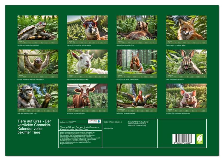Produktbild: Tiere auf Gras - Der verr&uuml;ckte Cannabis-Kalender voller bekiffter Tiere (hochwertiger Premium Wandkalender 2026 DIN A2 quer), Kunstdruck in Hochglanz
